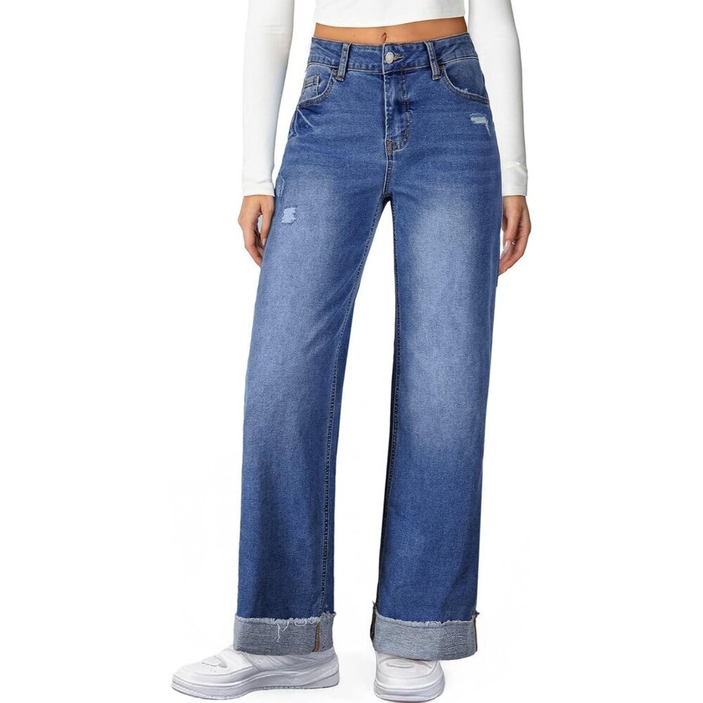 Women's Fleece Lined Jeans High Waist Wide Leg Distressed Casual